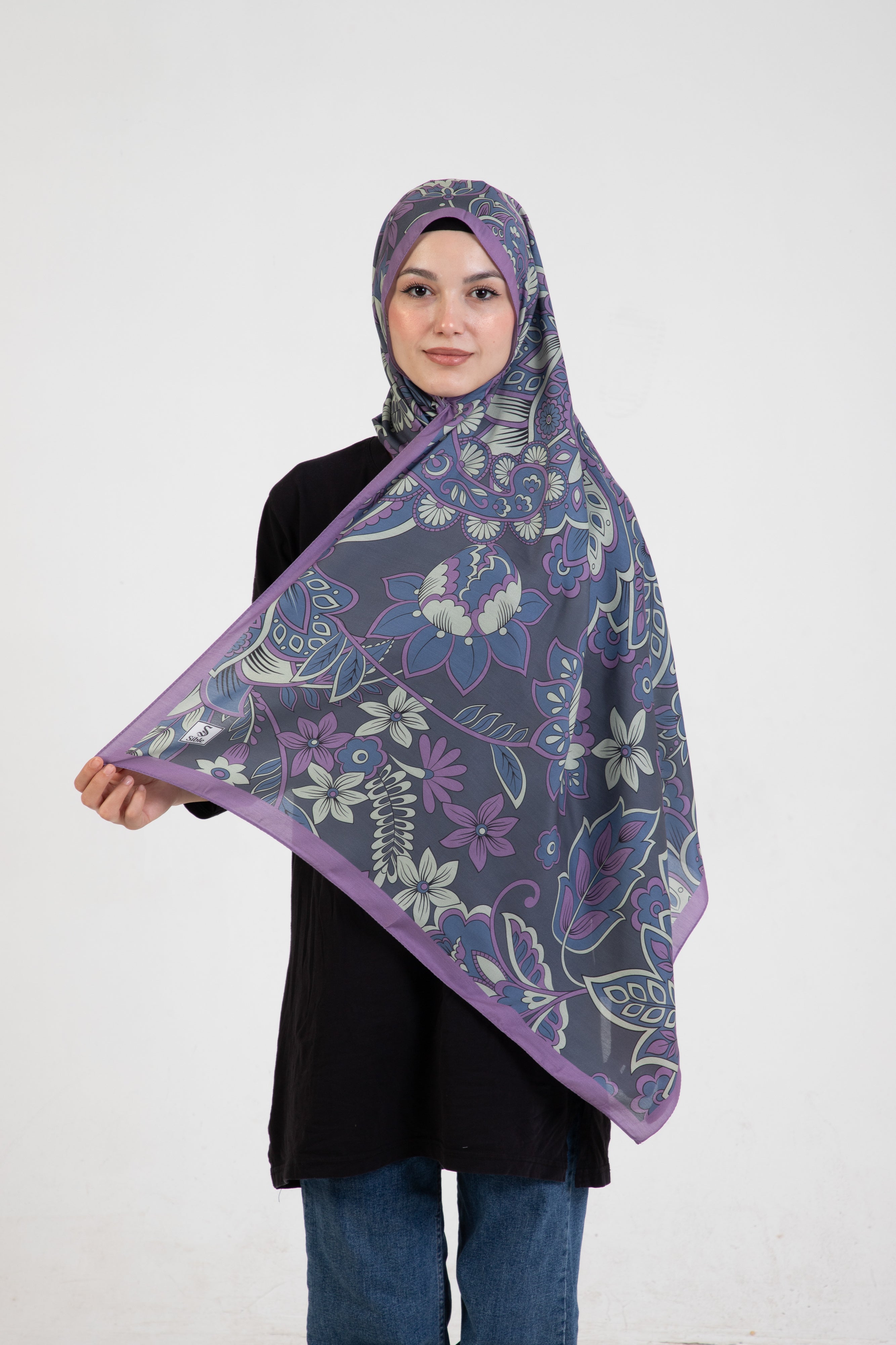 Floral “Zahara” Desenli İpeksi Soft Şal Eflatun