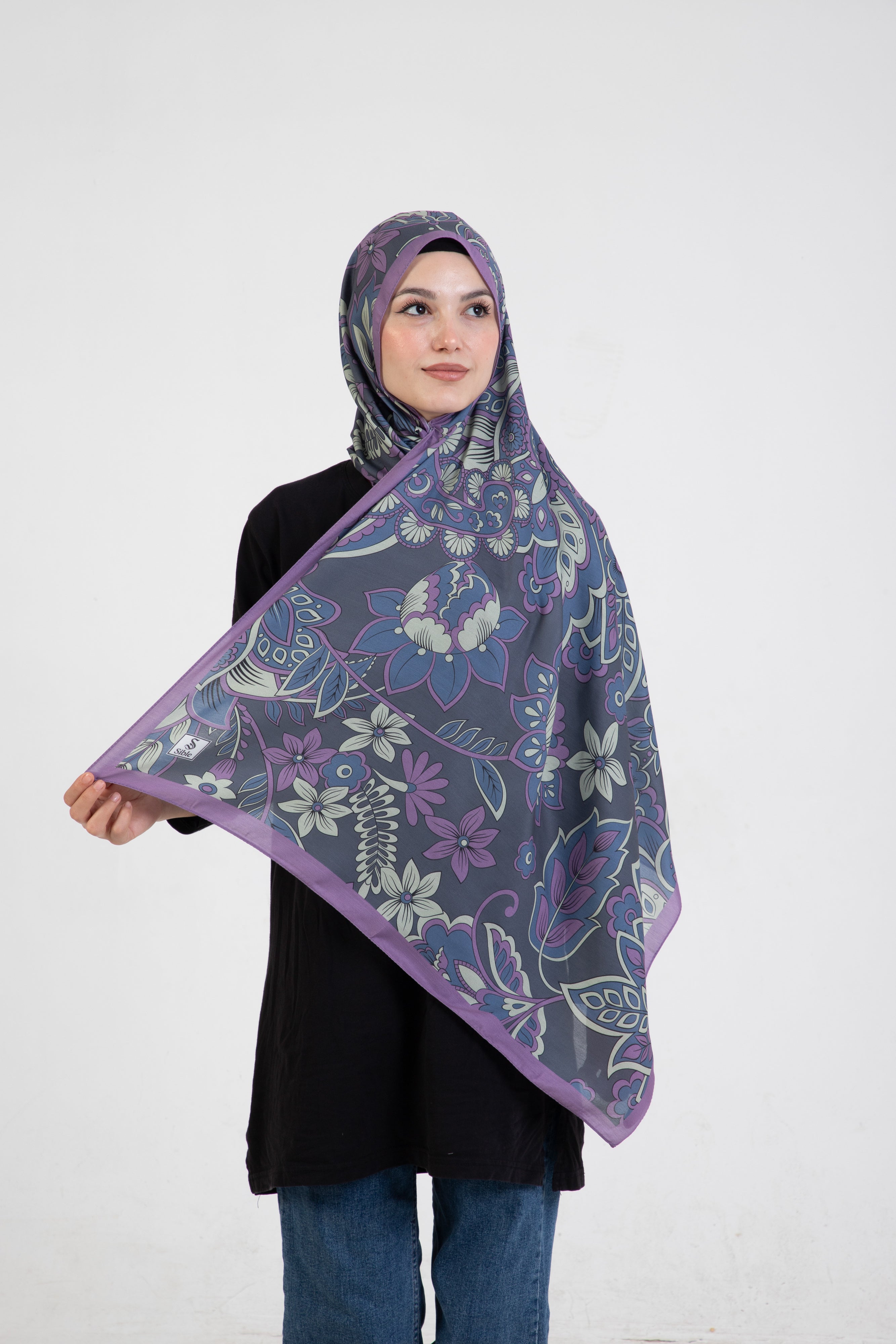 Floral “Zahara” Desenli İpeksi Soft Şal Eflatun