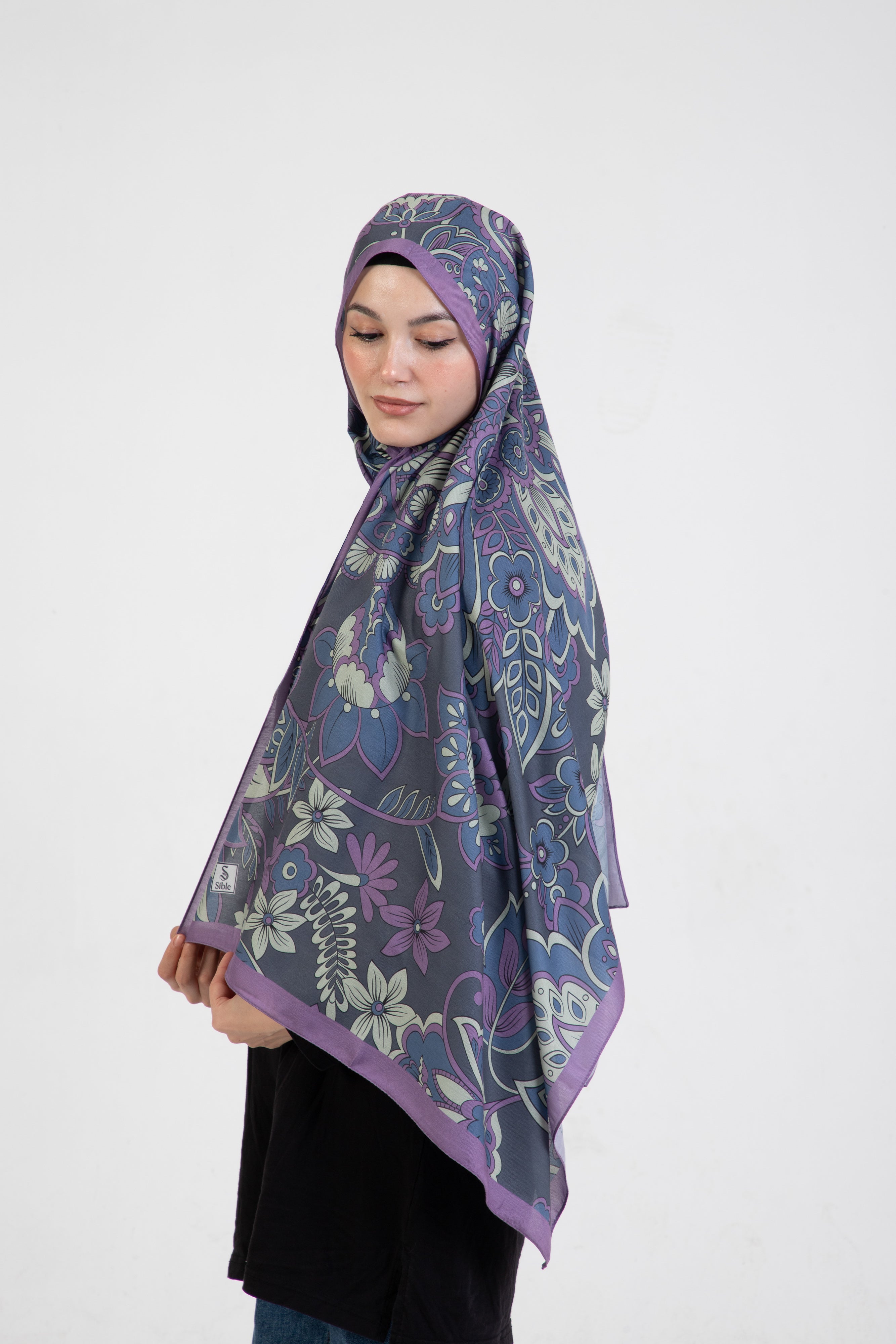 Floral “Zahara” Desenli İpeksi Soft Şal Eflatun