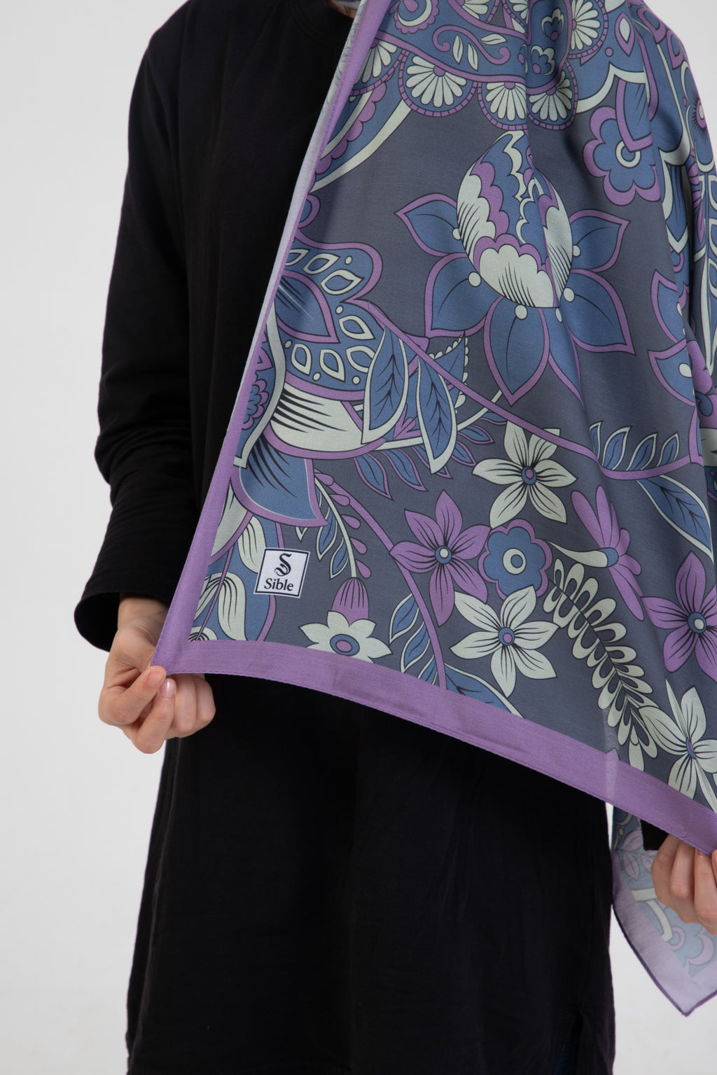 Floral “Zahara” Desenli İpeksi Soft Şal Eflatun