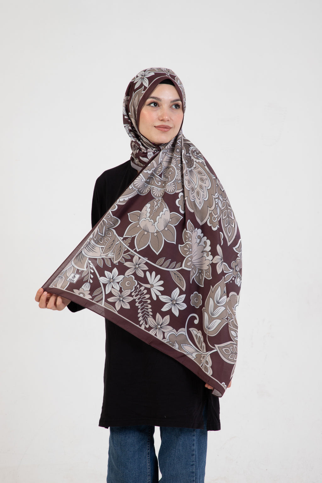 Floral “Zahara” Desenli İpeksi Soft Şal Kahverengi