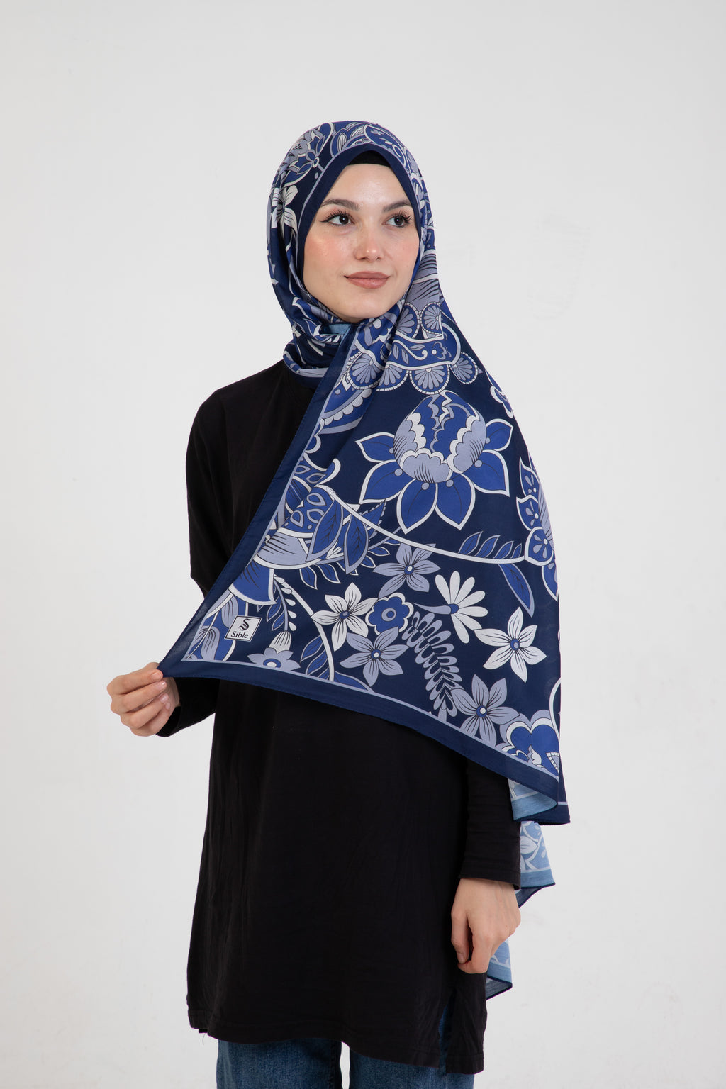 Floral “Zahara” Desenli İpeksi Soft Şal Lacivert