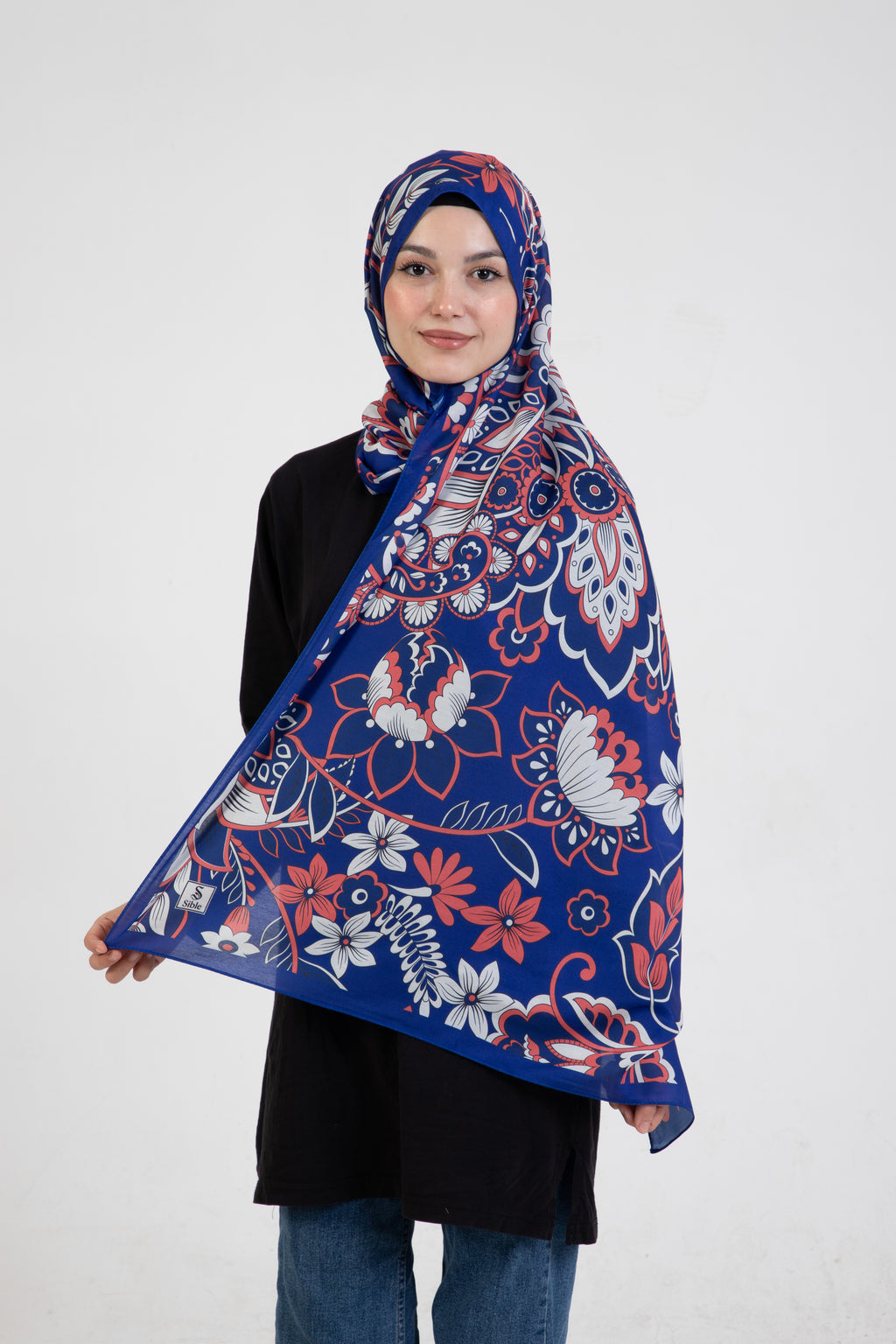 Floral “Zahara” Desenli İpeksi Soft Şal Mavi