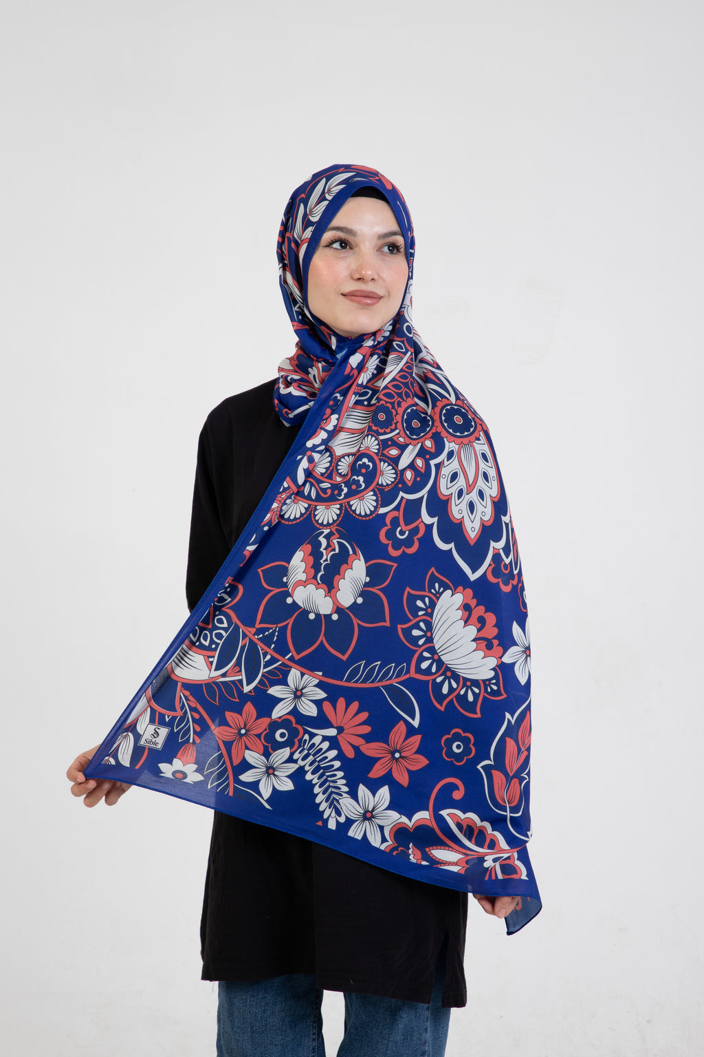 Floral “Zahara” Desenli İpeksi Soft Şal Mavi