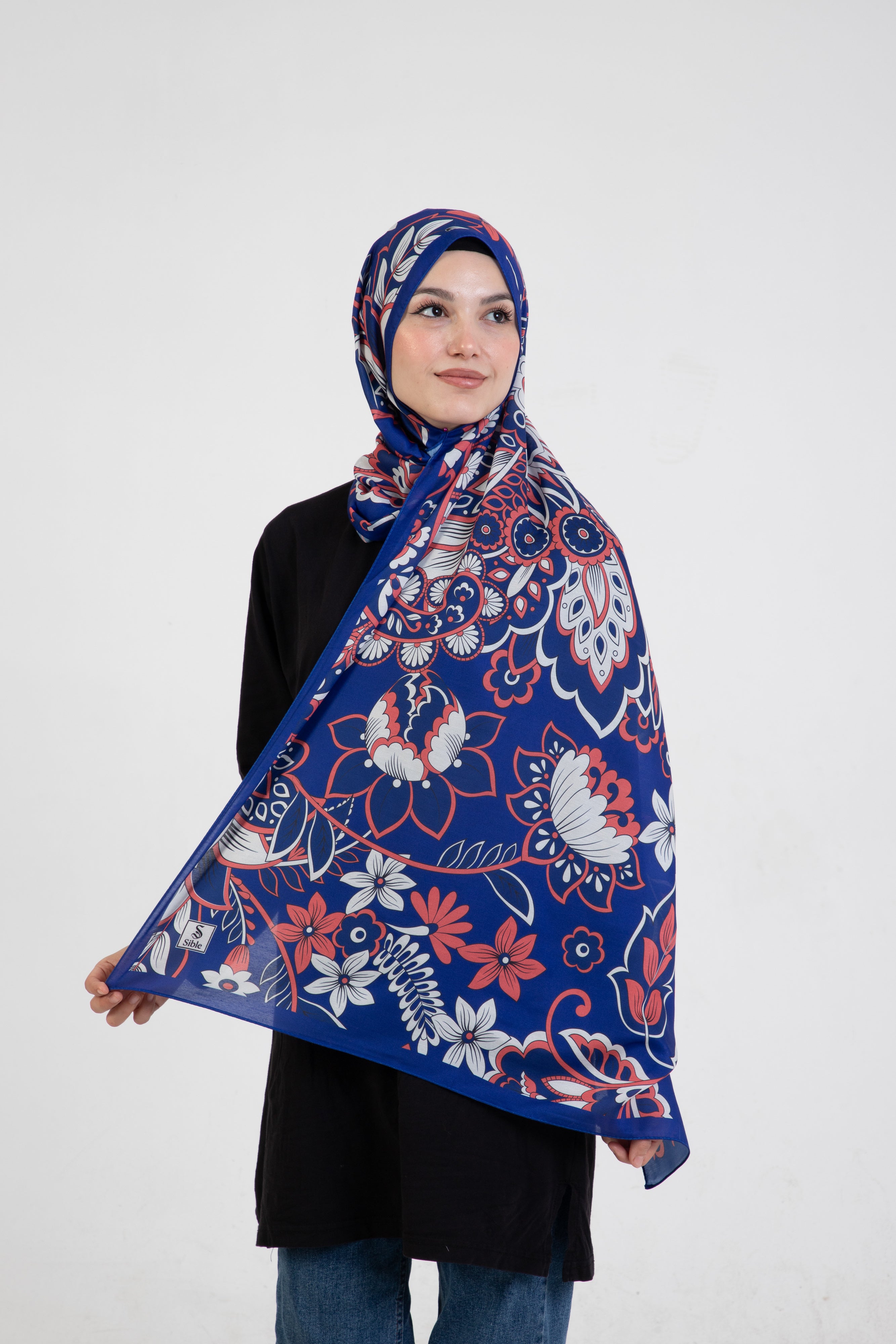 Floral “Zahara” Desenli İpeksi Soft Şal Mavi