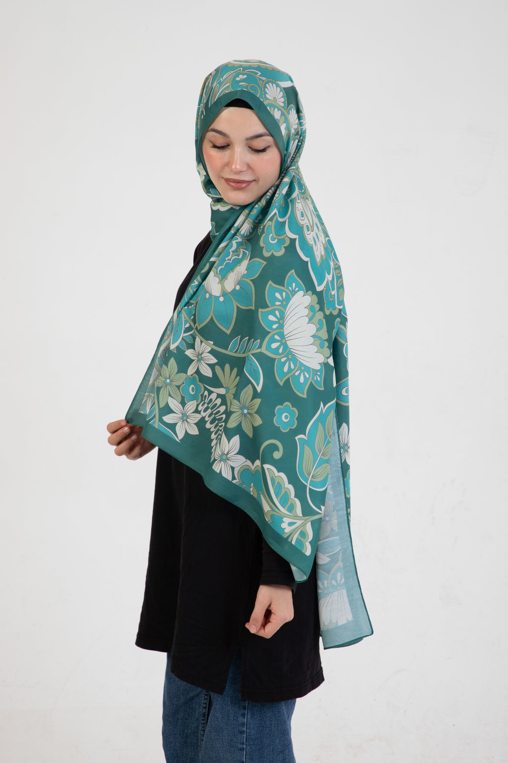 Floral “Zahara” Desenli İpeksi Soft Şal Yeşil