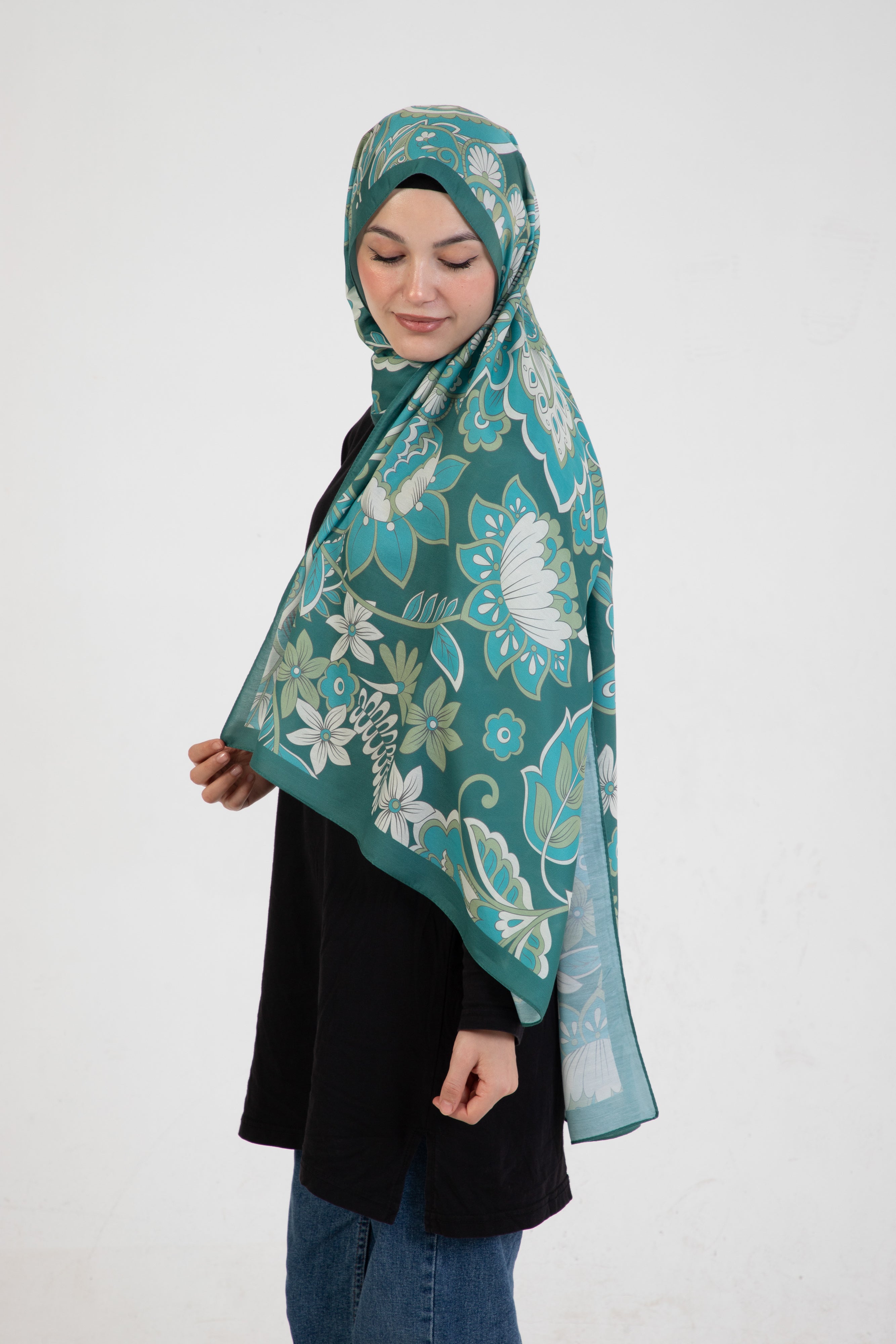 Floral “Zahara” Desenli İpeksi Soft Şal Yeşil