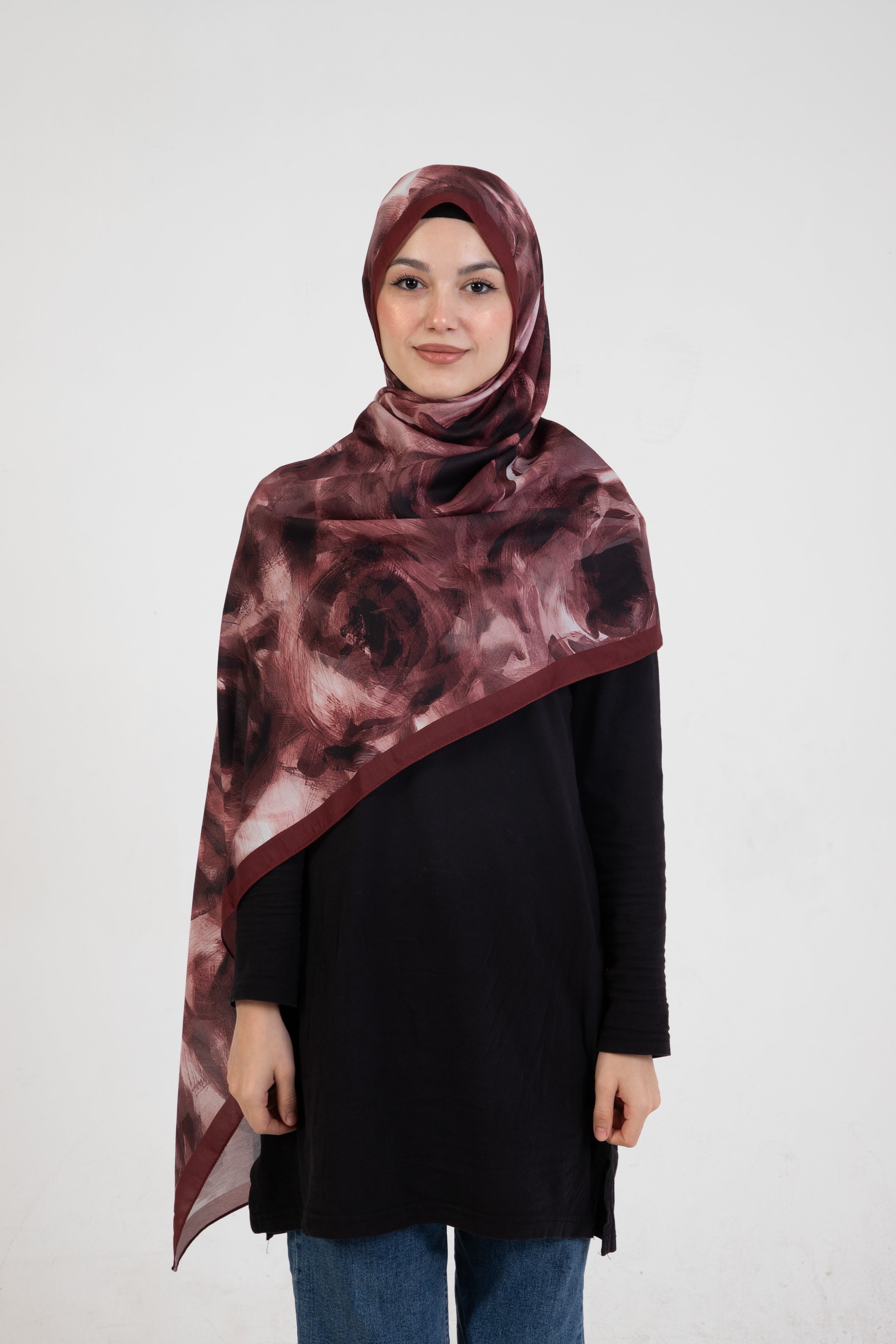 “Rosa” Gül Desenli İpeksi Soft Şal Bordo