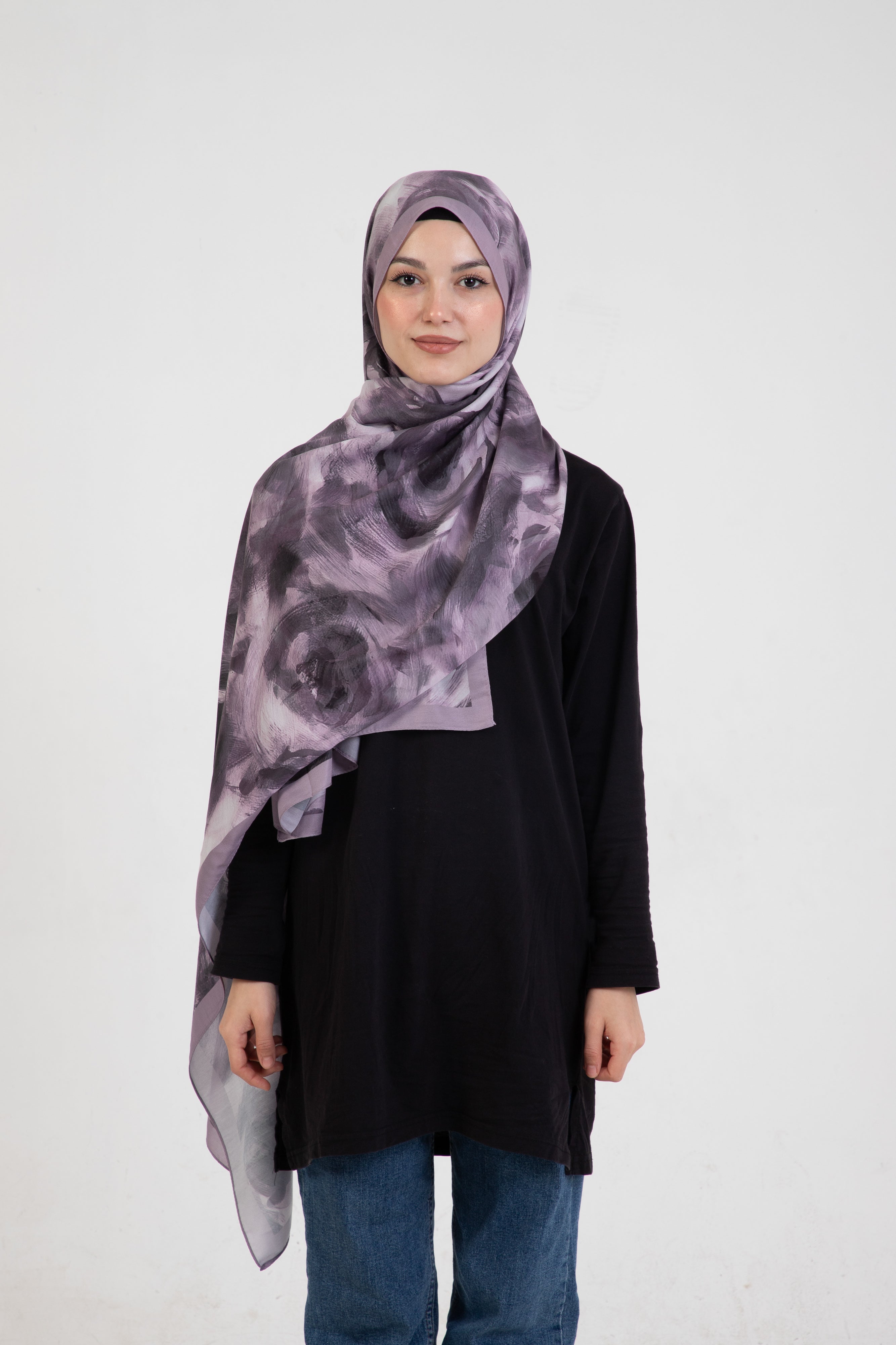 “Rosa” Gül Desenli İpeksi Soft Şal Mor