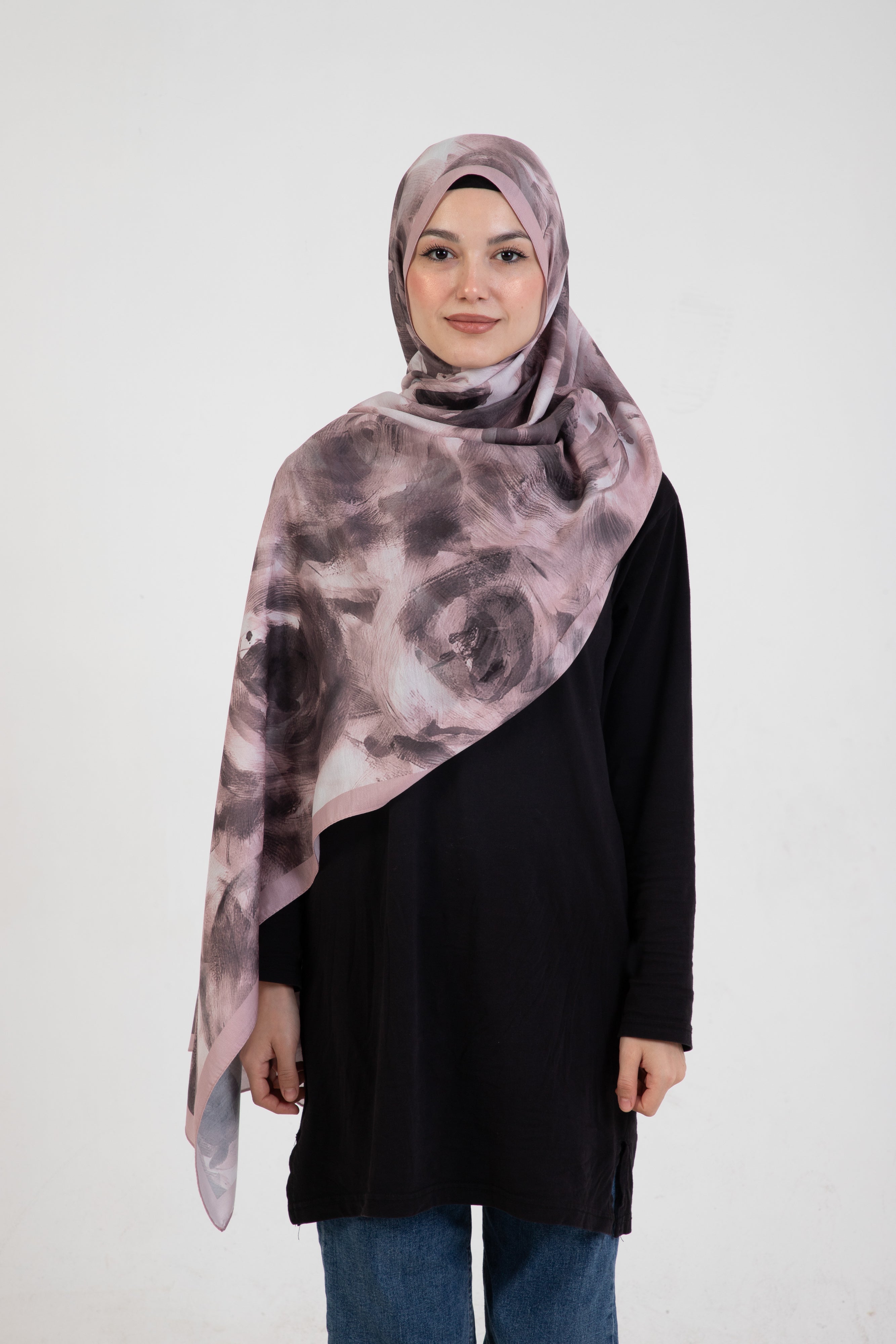 “Rosa” Gül Desenli İpeksi Soft Şal Pembe