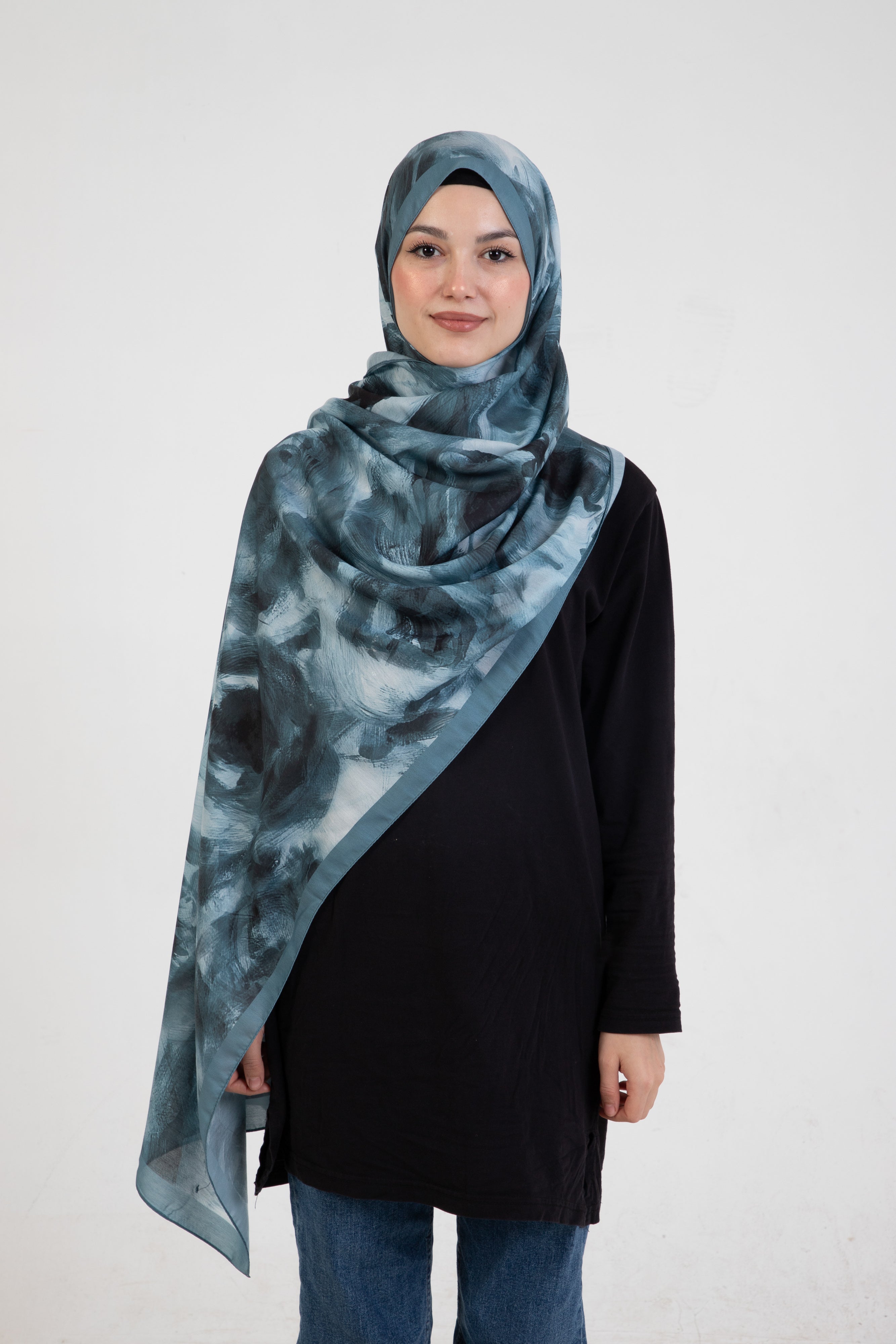 “Rosa” Gül Desenli İpeksi Soft Şal Turkuaz