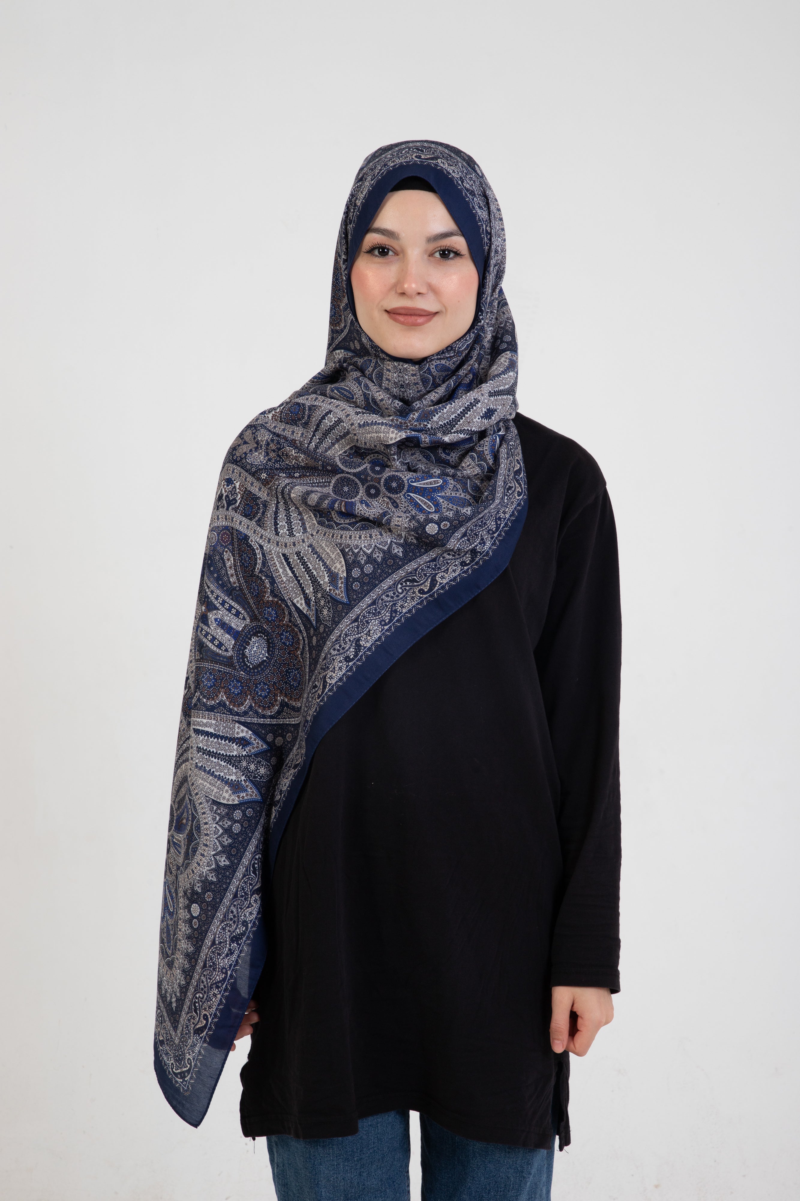 Etnik Etro “Tula” Desenli İpeksi Soft Şal Lacivert