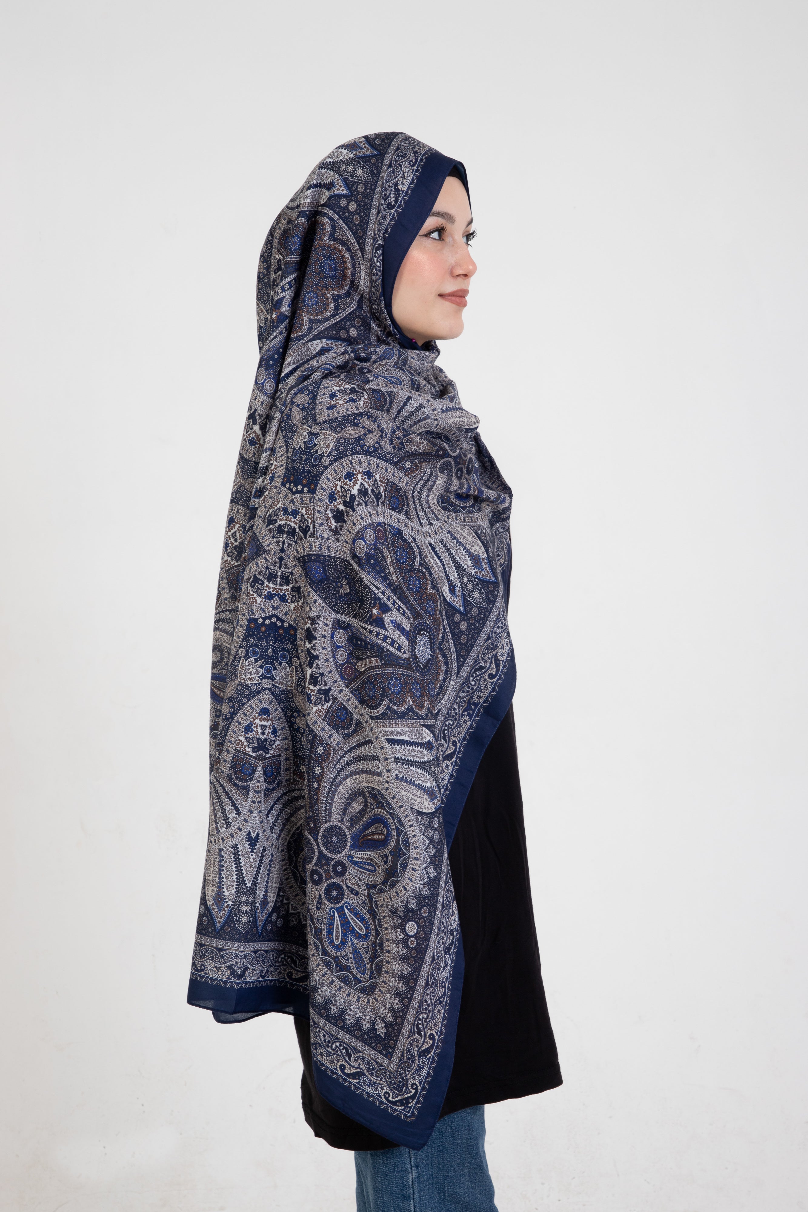 Etnik Etro “Tula” Desenli İpeksi Soft Şal Lacivert