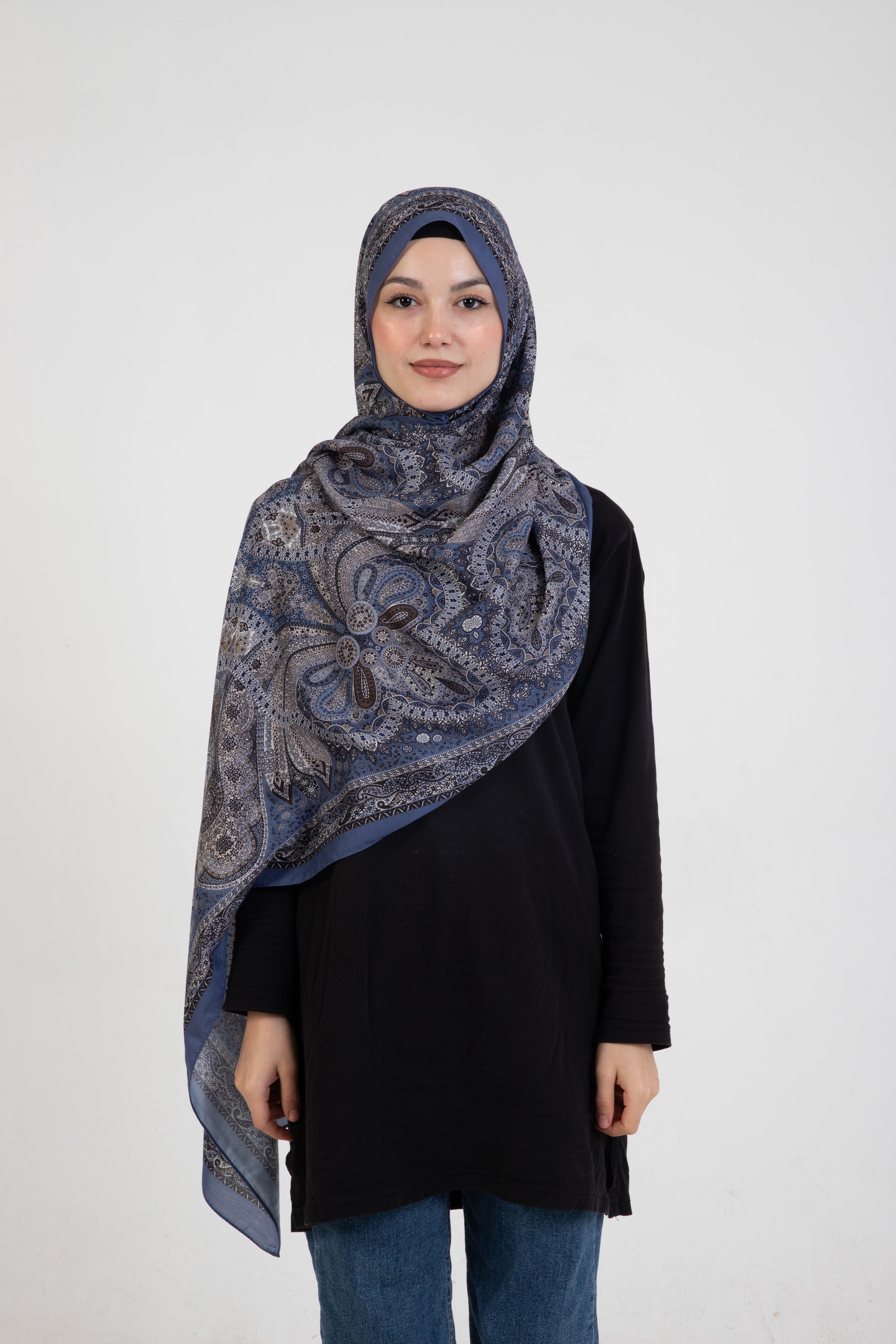 Etnik Etro “Tula” Desenli İpeksi Soft Şal Mavi