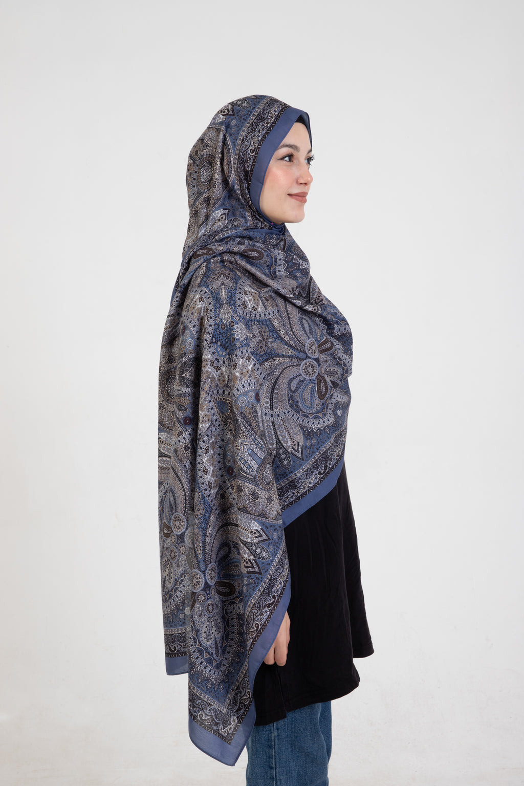 Etnik Etro “Tula” Desenli İpeksi Soft Şal Mavi