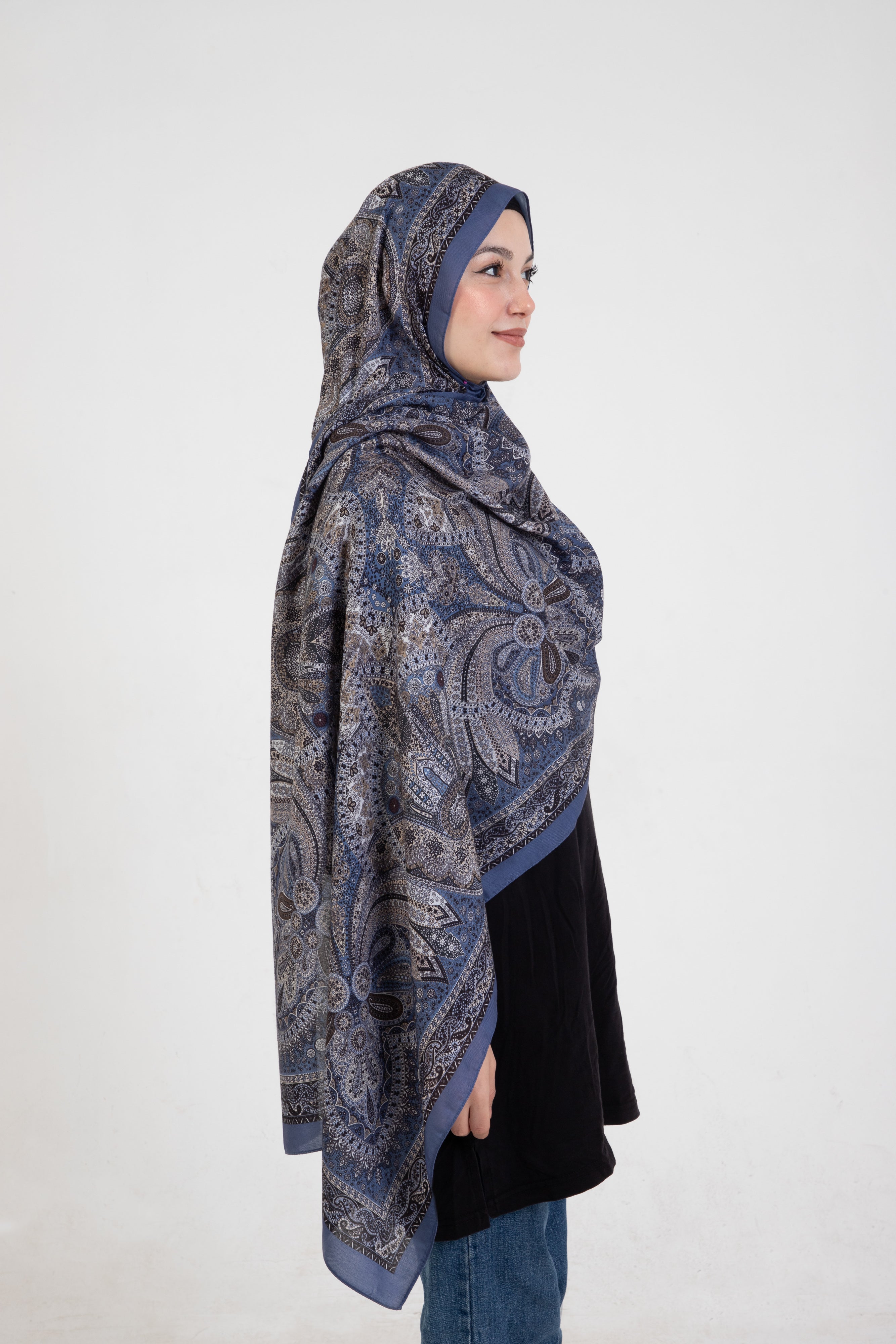 Etnik Etro “Tula” Desenli İpeksi Soft Şal Mavi