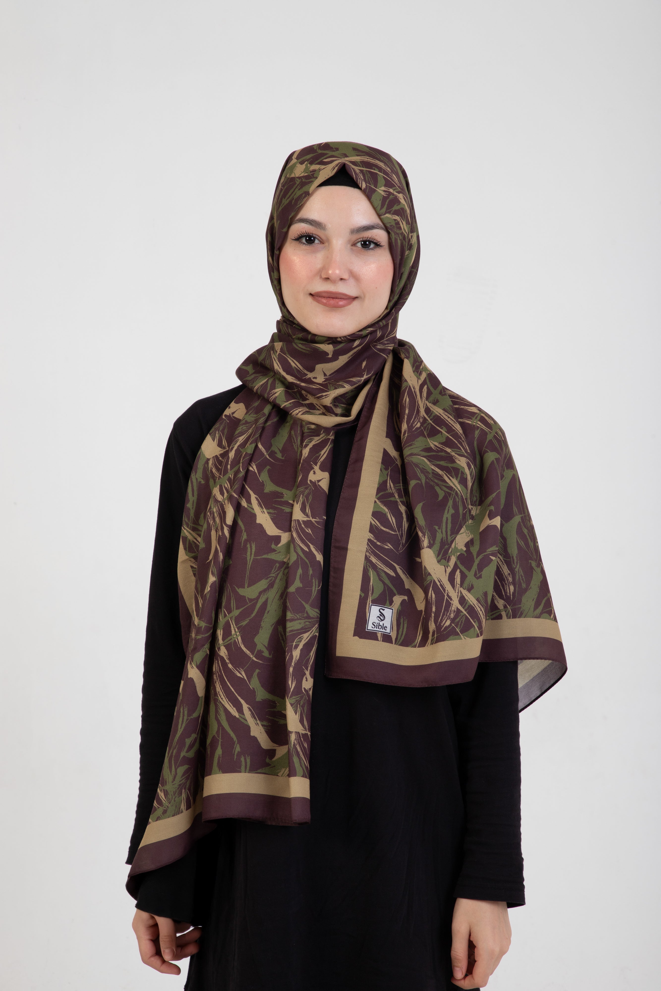 “Oasis” Desenli İpeksi Soft Şal Haki - Kahverengi