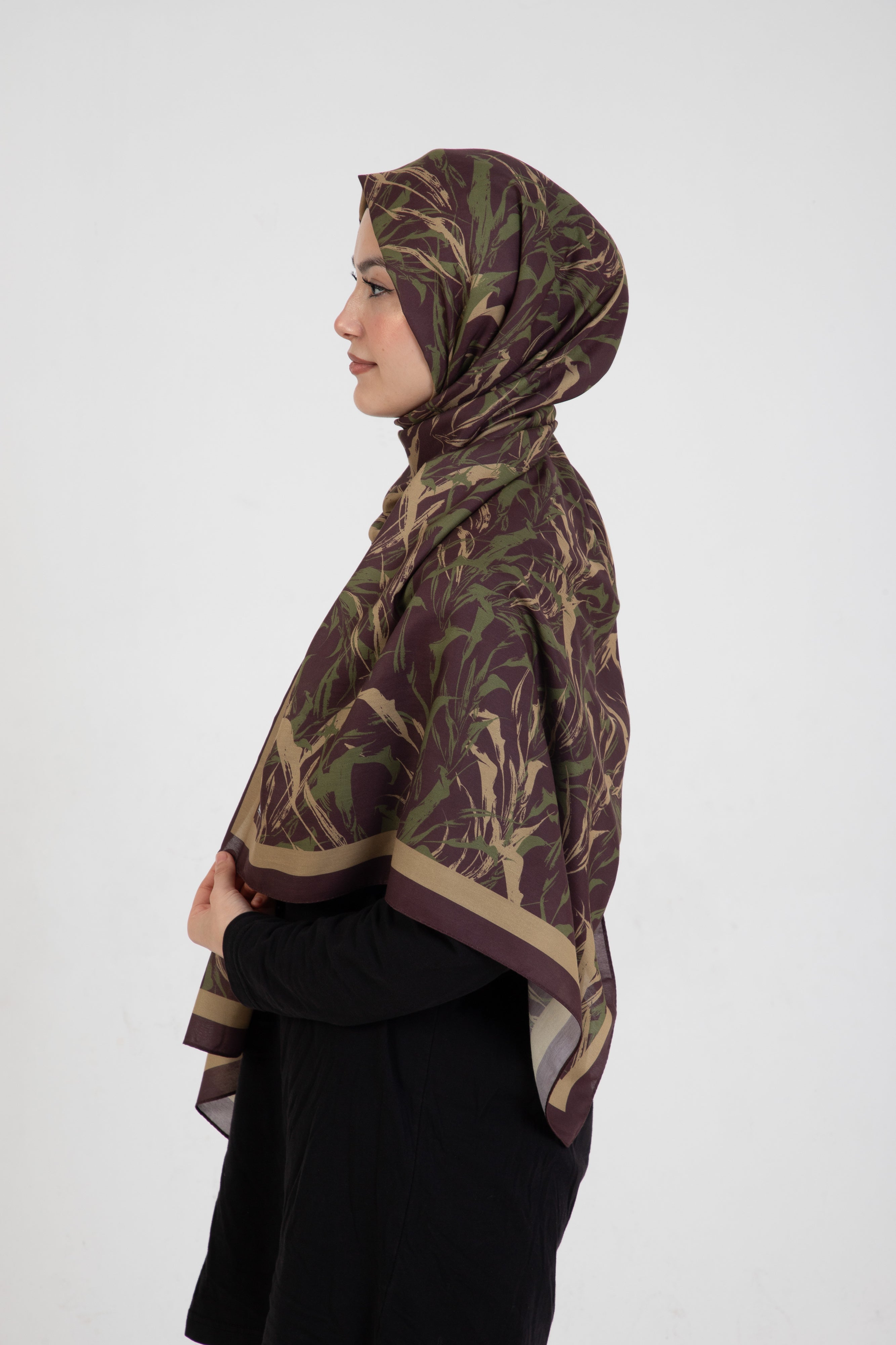 “Oasis” Desenli İpeksi Soft Şal Haki - Kahverengi