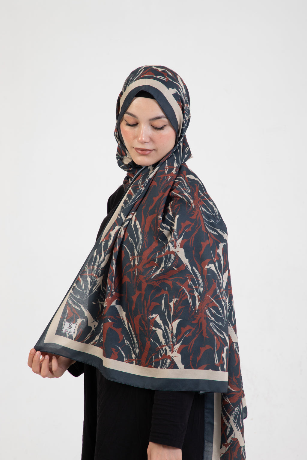 “Oasis” Desenli İpeksi Soft Şal Kiremit Lacivert