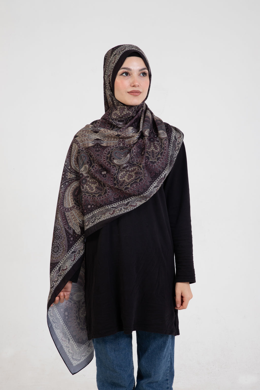 Etnik Etro “Tula” Desenli İpeksi Soft Şal Siyah