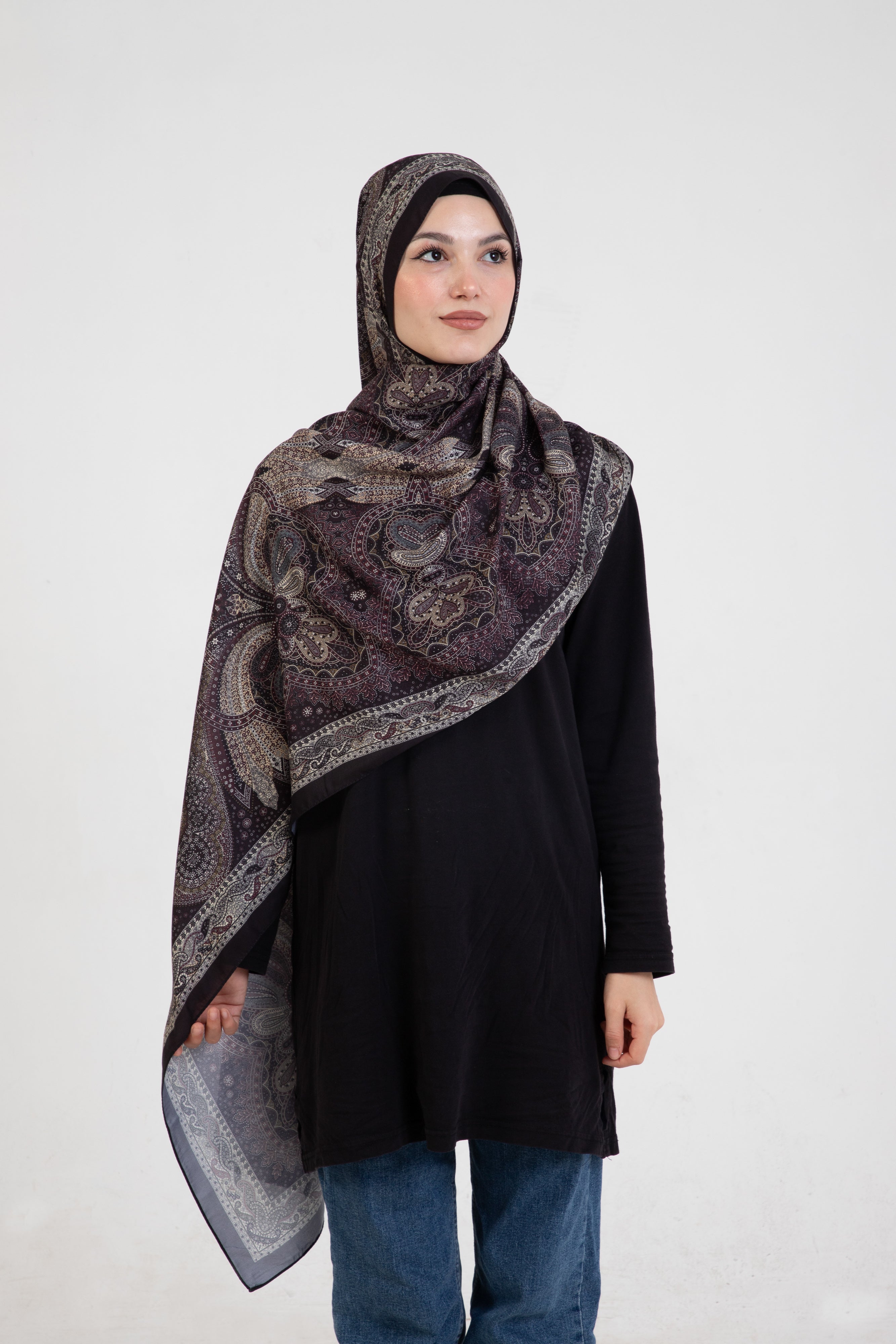 Etnik Etro “Tula” Desenli İpeksi Soft Şal Siyah