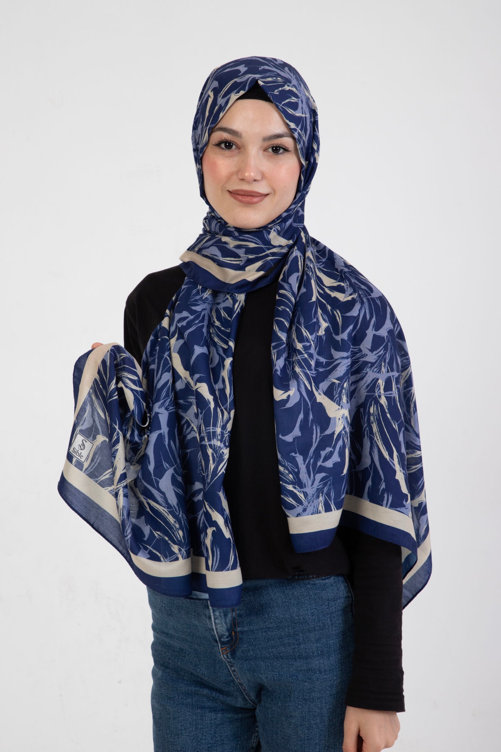 ipeksisoftşallaci2 “Oasis” Desenli İpeksi Soft Şal Mavi - Görsel 1